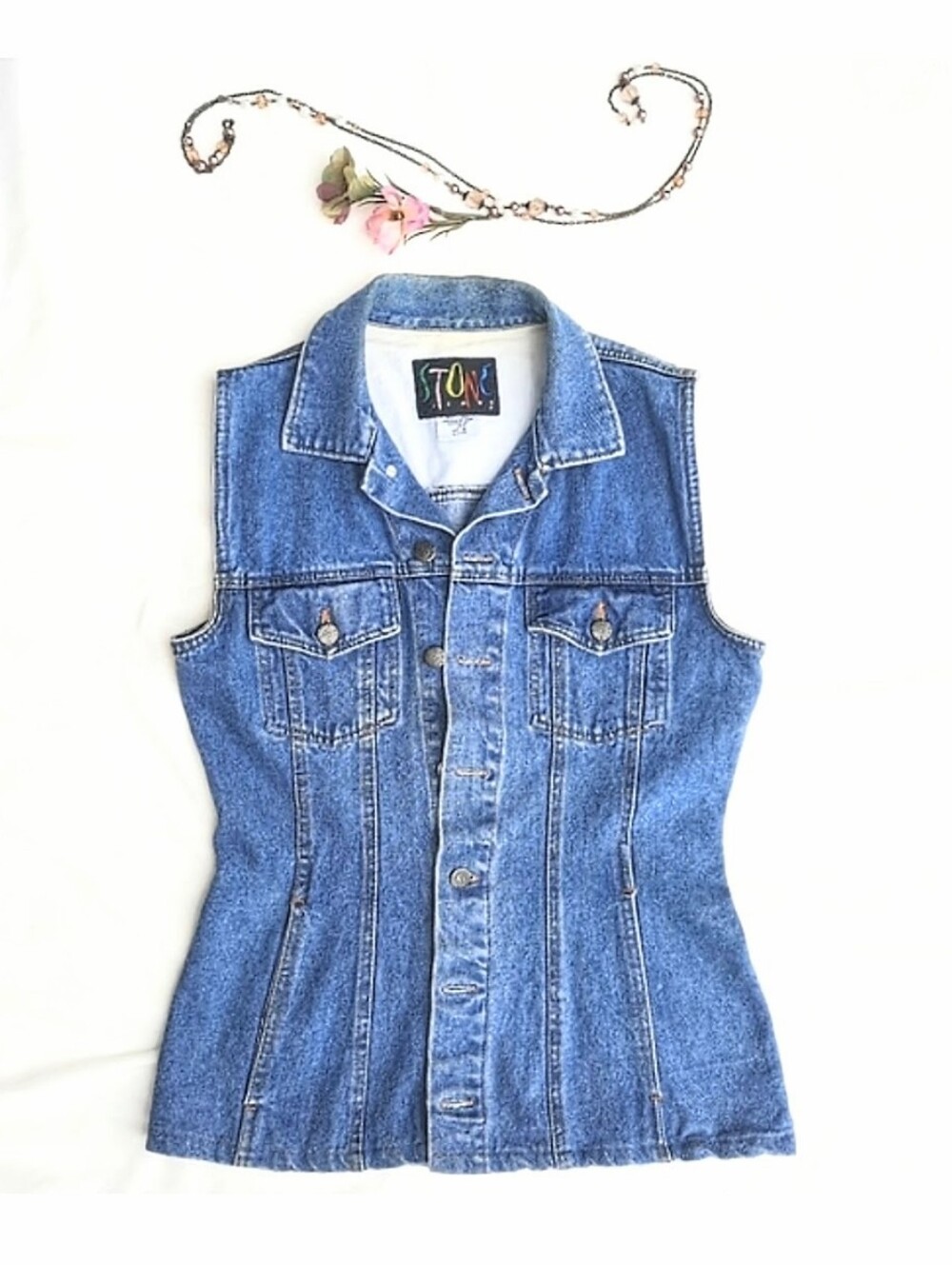 STONE Blue Jean Vest Top Denim Sleeveless Fitted, 4 Front Pockets